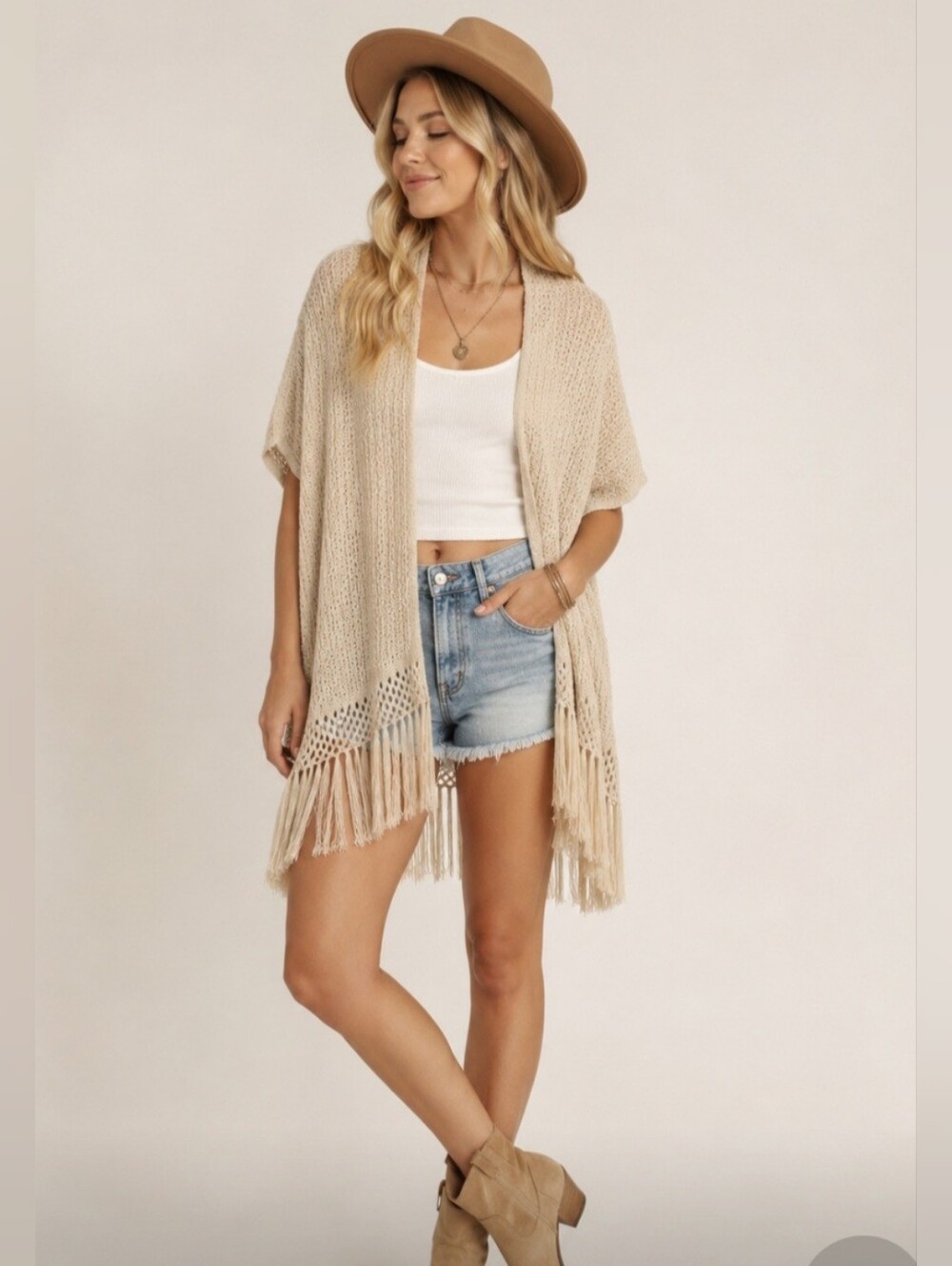 Atmosphere Cream Open Knit Fringe Cardigan Vest Boho Festival Coastal S/M